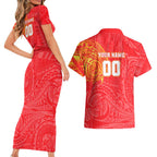 Personalized Dolphins Couples Matching Short Sleeve Bodycon Dress and Hawaiian Shirt Polynesian Tribal Chest and Sleeve Tattoo