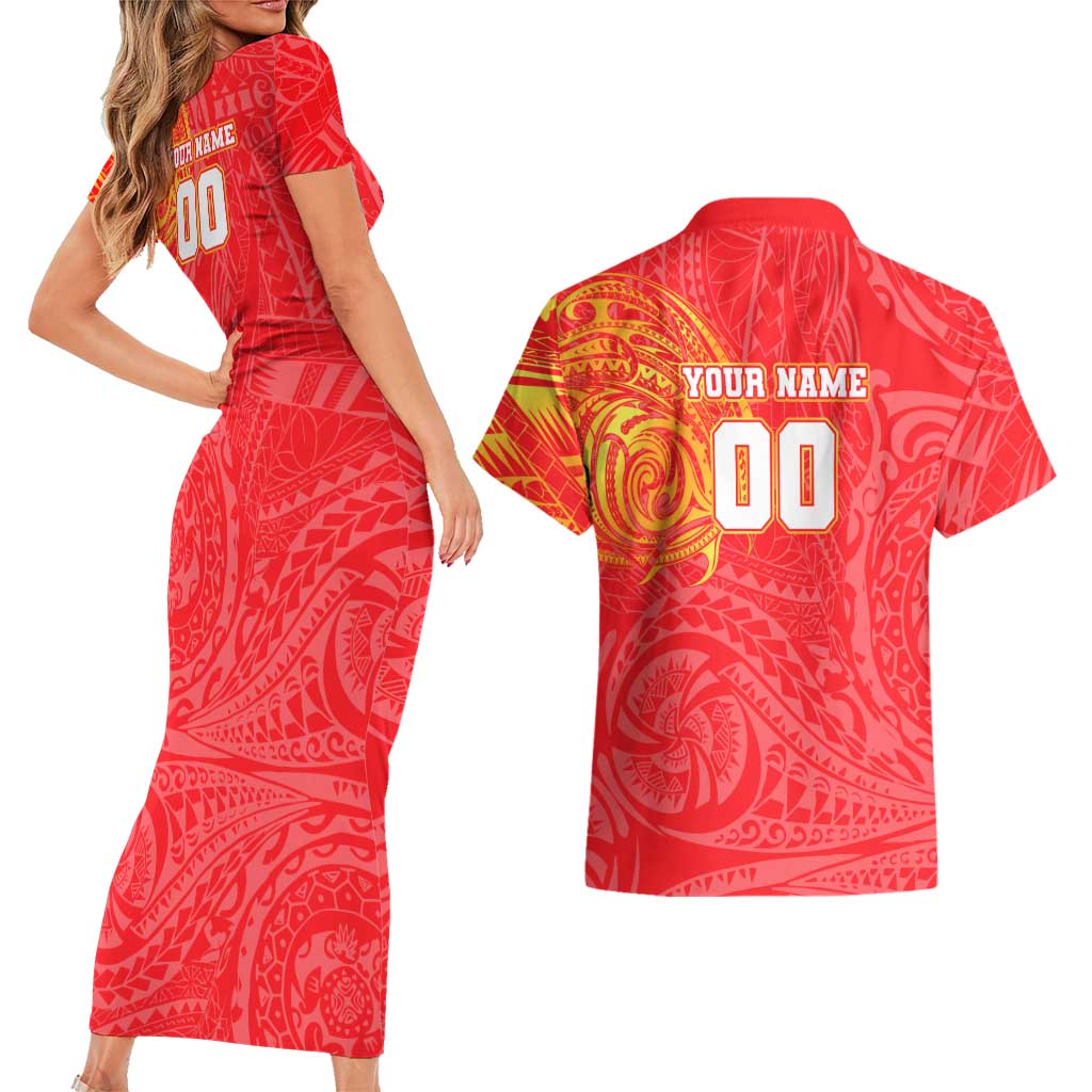 Personalized Dolphins Couples Matching Short Sleeve Bodycon Dress and Hawaiian Shirt Polynesian Tribal Chest and Sleeve Tattoo