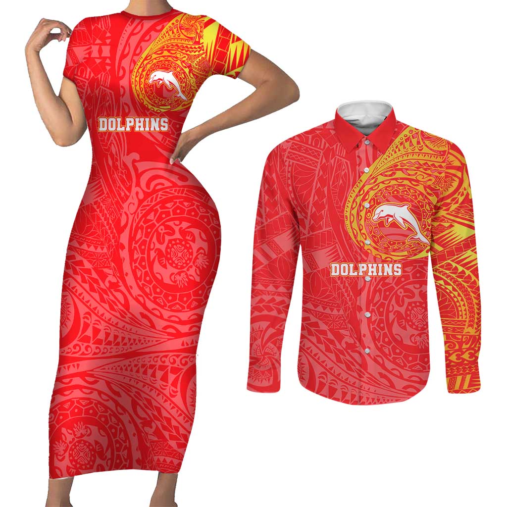 Personalized Dolphins Couples Matching Short Sleeve Bodycon Dress and Long Sleeve Button Shirt Polynesian Tribal Chest and Sleeve Tattoo