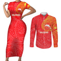Personalized Dolphins Couples Matching Short Sleeve Bodycon Dress and Long Sleeve Button Shirt Polynesian Tribal Chest and Sleeve Tattoo