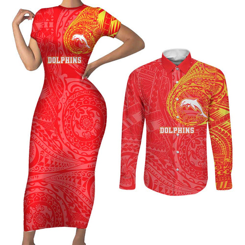 Personalized Dolphins Couples Matching Short Sleeve Bodycon Dress and Long Sleeve Button Shirt Polynesian Tribal Chest and Sleeve Tattoo