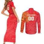 Personalized Dolphins Couples Matching Short Sleeve Bodycon Dress and Long Sleeve Button Shirt Polynesian Tribal Chest and Sleeve Tattoo
