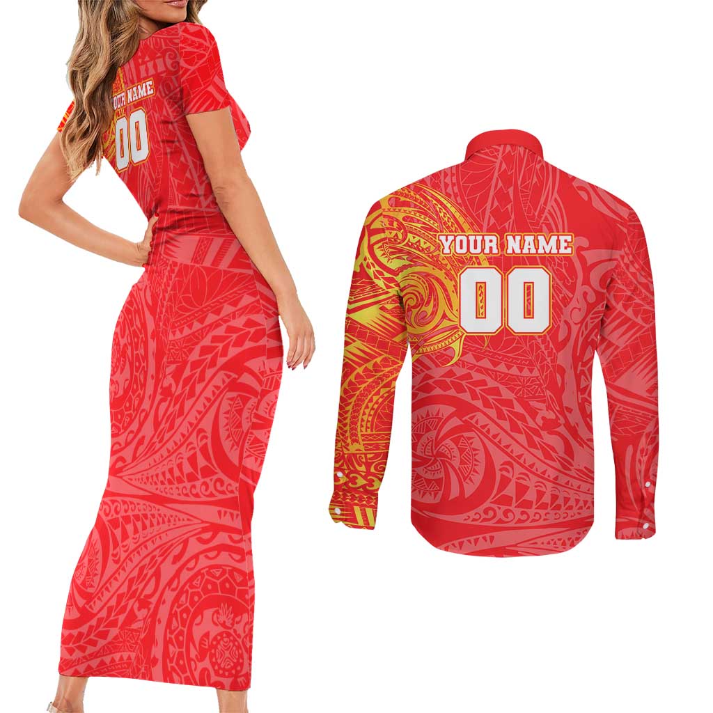 Personalized Dolphins Couples Matching Short Sleeve Bodycon Dress and Long Sleeve Button Shirt Polynesian Tribal Chest and Sleeve Tattoo
