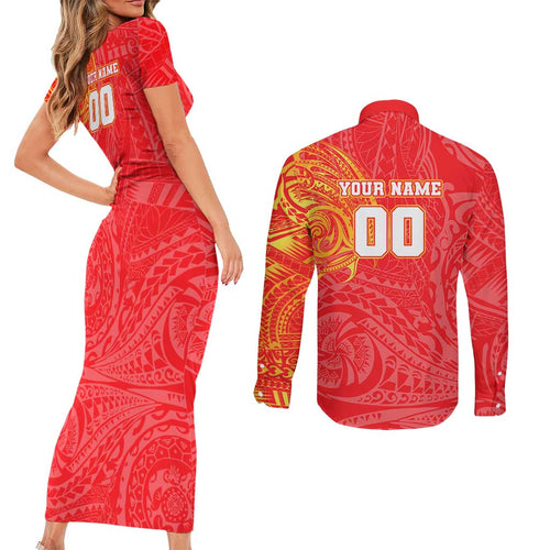 Personalized Dolphins Couples Matching Short Sleeve Bodycon Dress and Long Sleeve Button Shirt Polynesian Tribal Chest and Sleeve Tattoo