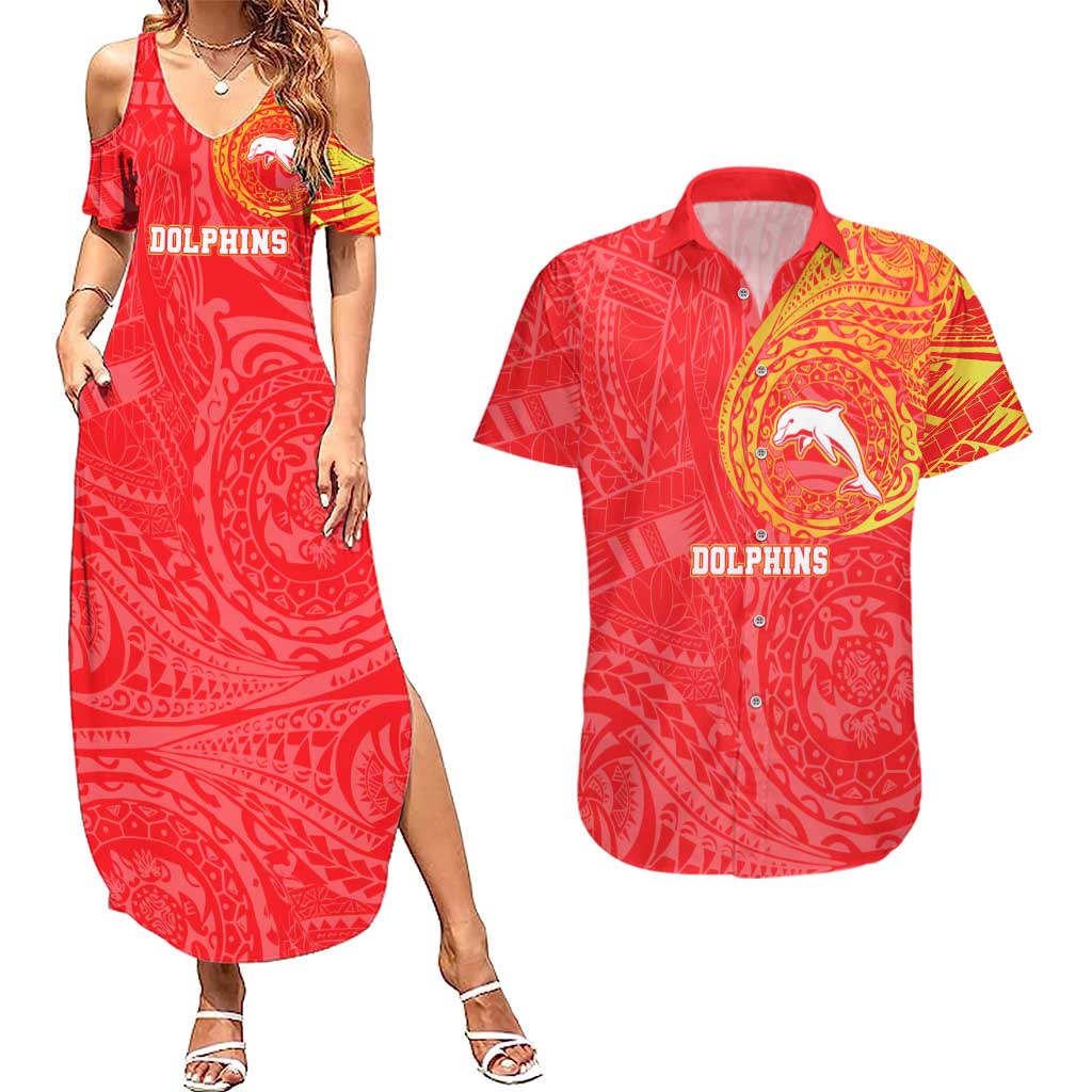 Personalized Dolphins Couples Matching Summer Maxi Dress and Hawaiian Shirt Polynesian Tribal Chest and Sleeve Tattoo