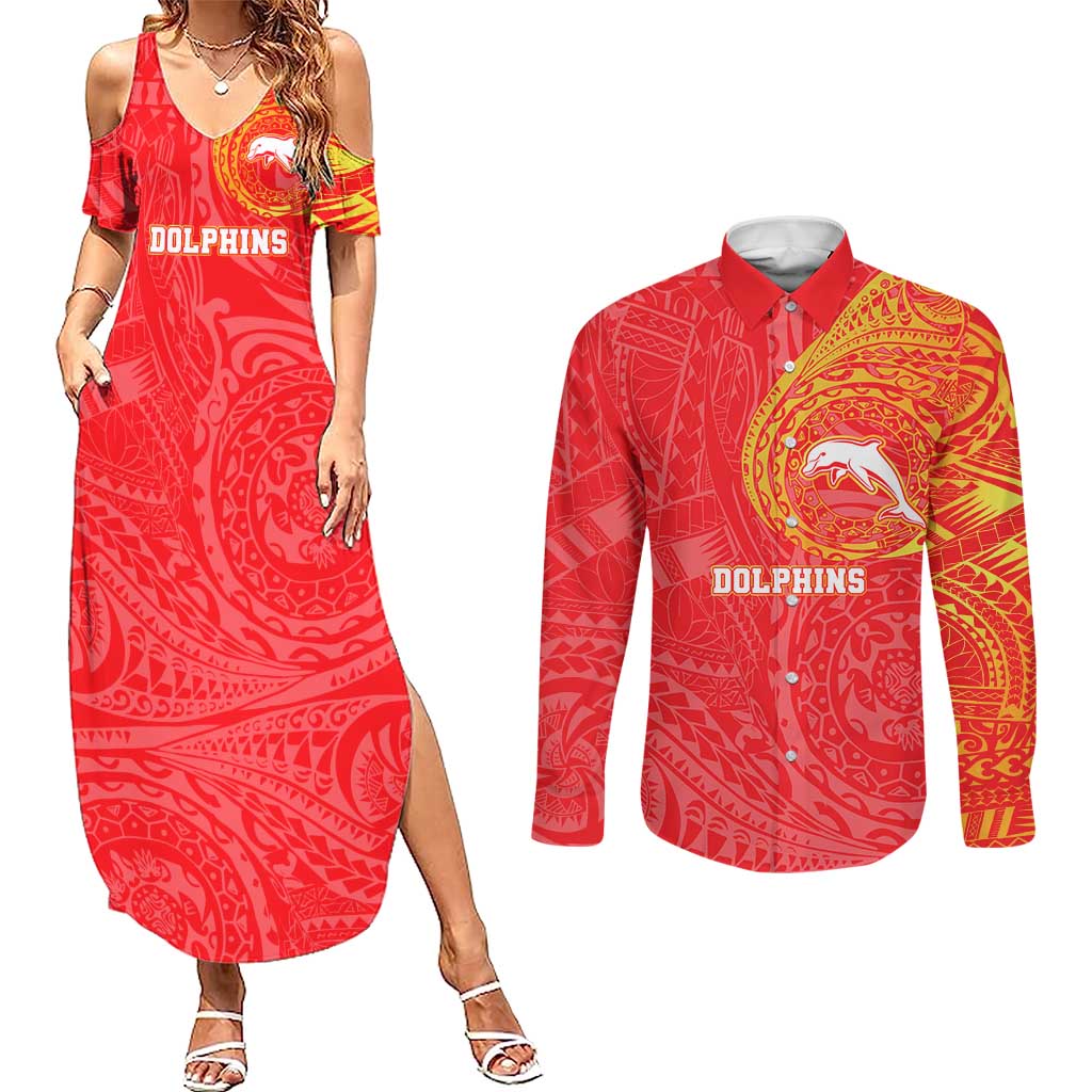 Personalized Dolphins Couples Matching Summer Maxi Dress and Long Sleeve Button Shirt Polynesian Tribal Chest and Sleeve Tattoo