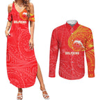Personalized Dolphins Couples Matching Summer Maxi Dress and Long Sleeve Button Shirt Polynesian Tribal Chest and Sleeve Tattoo