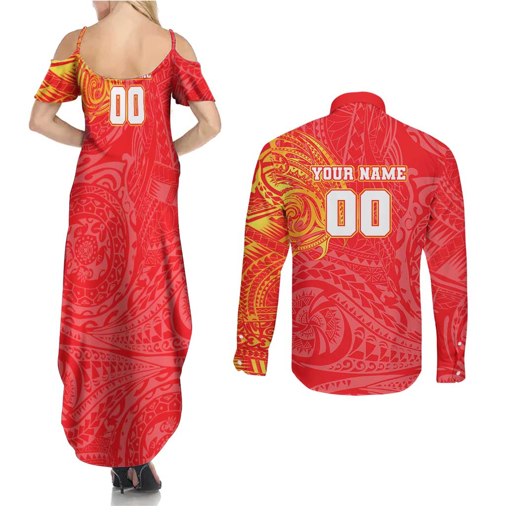 Personalized Dolphins Couples Matching Summer Maxi Dress and Long Sleeve Button Shirt Polynesian Tribal Chest and Sleeve Tattoo