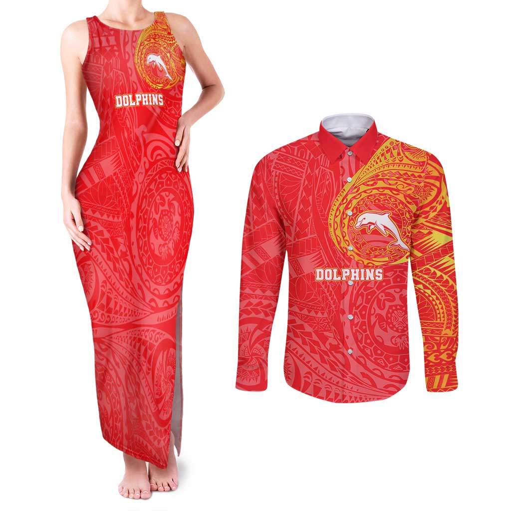 Personalized Dolphins Couples Matching Tank Maxi Dress and Long Sleeve Button Shirt Polynesian Tribal Chest and Sleeve Tattoo
