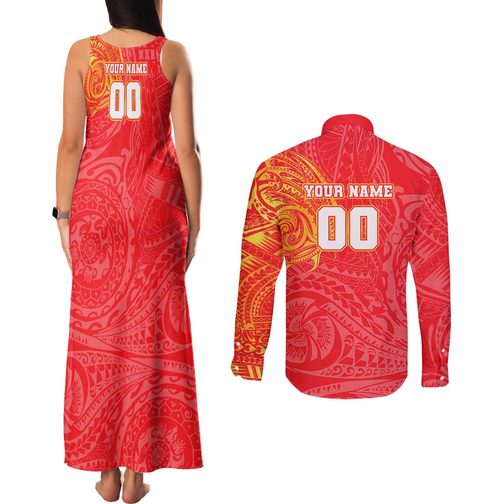 Personalized Dolphins Couples Matching Tank Maxi Dress and Long Sleeve Button Shirt Polynesian Tribal Chest and Sleeve Tattoo