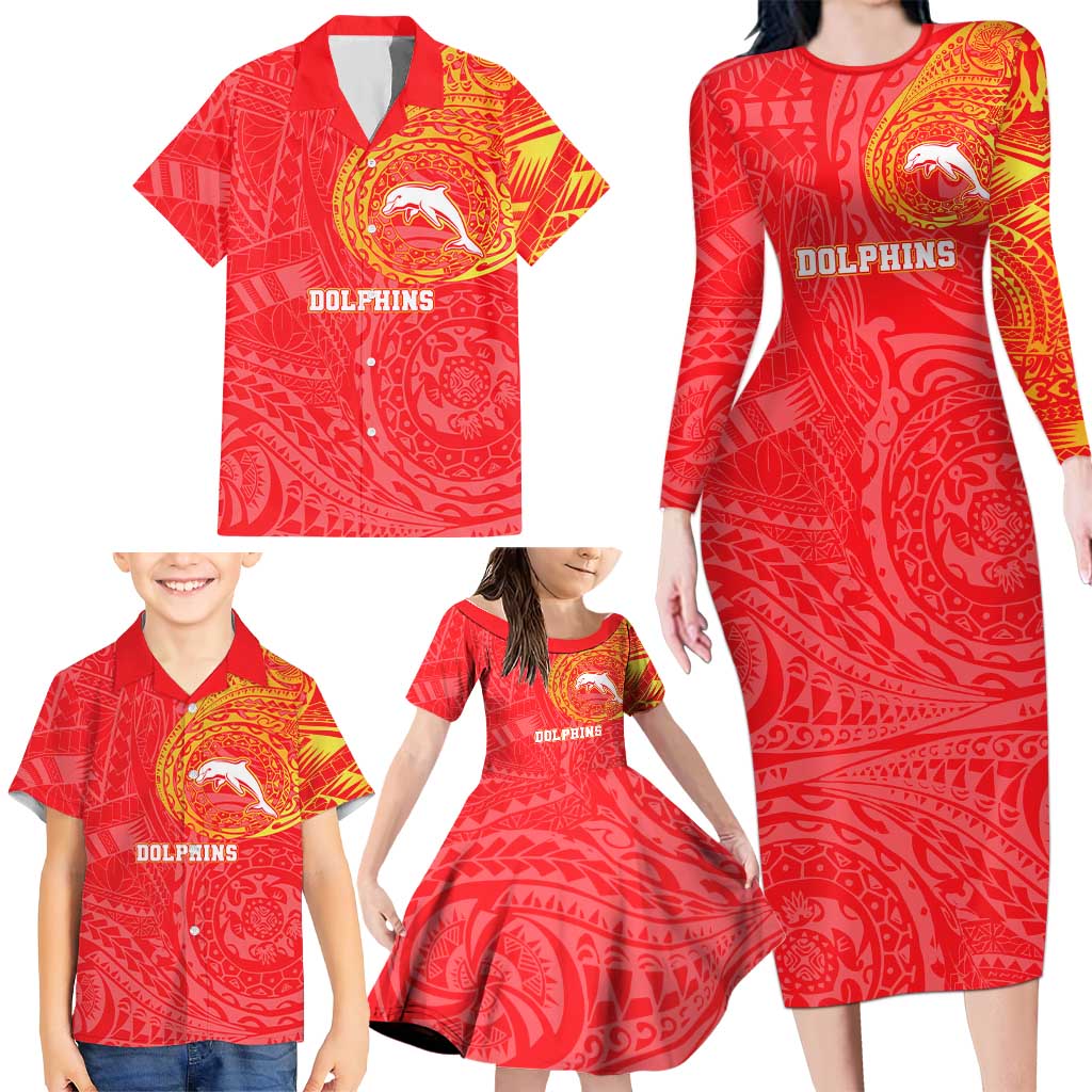 Personalized Dolphins Family Matching Long Sleeve Bodycon Dress and Hawaiian Shirt Polynesian Tribal Chest and Sleeve Tattoo