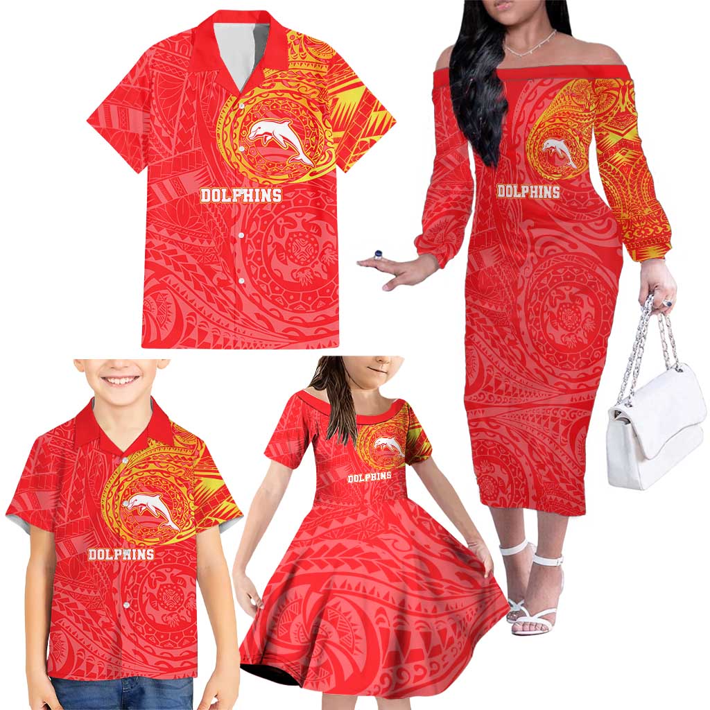 Personalized Dolphins Family Matching Off The Shoulder Long Sleeve Dress and Hawaiian Shirt Polynesian Tribal Chest and Sleeve Tattoo