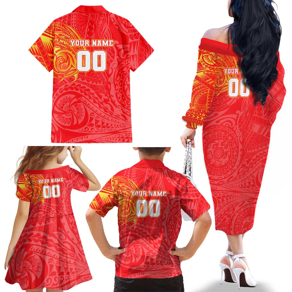 Personalized Dolphins Family Matching Off The Shoulder Long Sleeve Dress and Hawaiian Shirt Polynesian Tribal Chest and Sleeve Tattoo