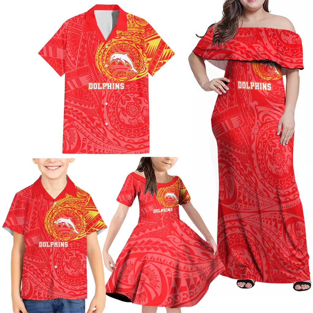 Personalized Dolphins Family Matching Off Shoulder Maxi Dress and Hawaiian Shirt Polynesian Tribal Chest and Sleeve Tattoo