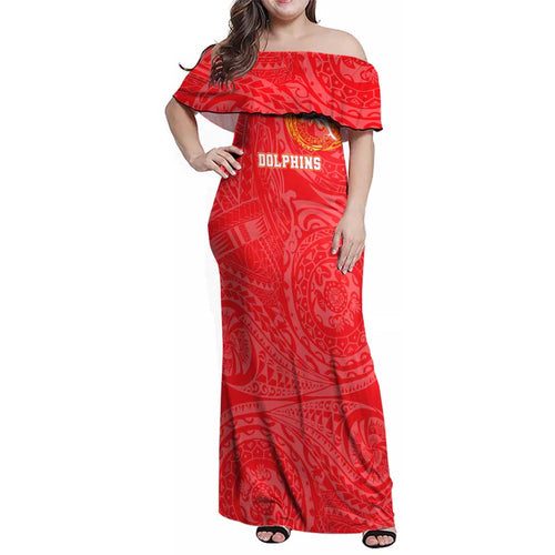 Personalized Dolphins Family Matching Off Shoulder Maxi Dress and Hawaiian Shirt Polynesian Tribal Chest and Sleeve Tattoo