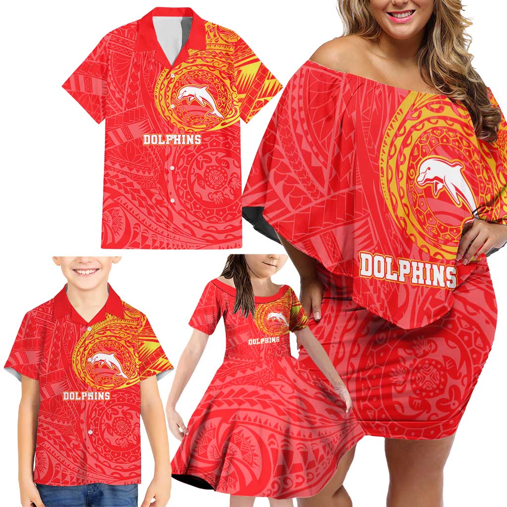 Personalized Dolphins Family Matching Off Shoulder Short Dress and Hawaiian Shirt Polynesian Tribal Chest and Sleeve Tattoo