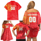 Personalized Dolphins Family Matching Off Shoulder Short Dress and Hawaiian Shirt Polynesian Tribal Chest and Sleeve Tattoo