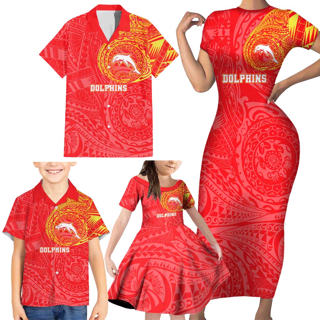 Personalized Dolphins Family Matching Short Sleeve Bodycon Dress and Hawaiian Shirt Polynesian Tribal Chest and Sleeve Tattoo
