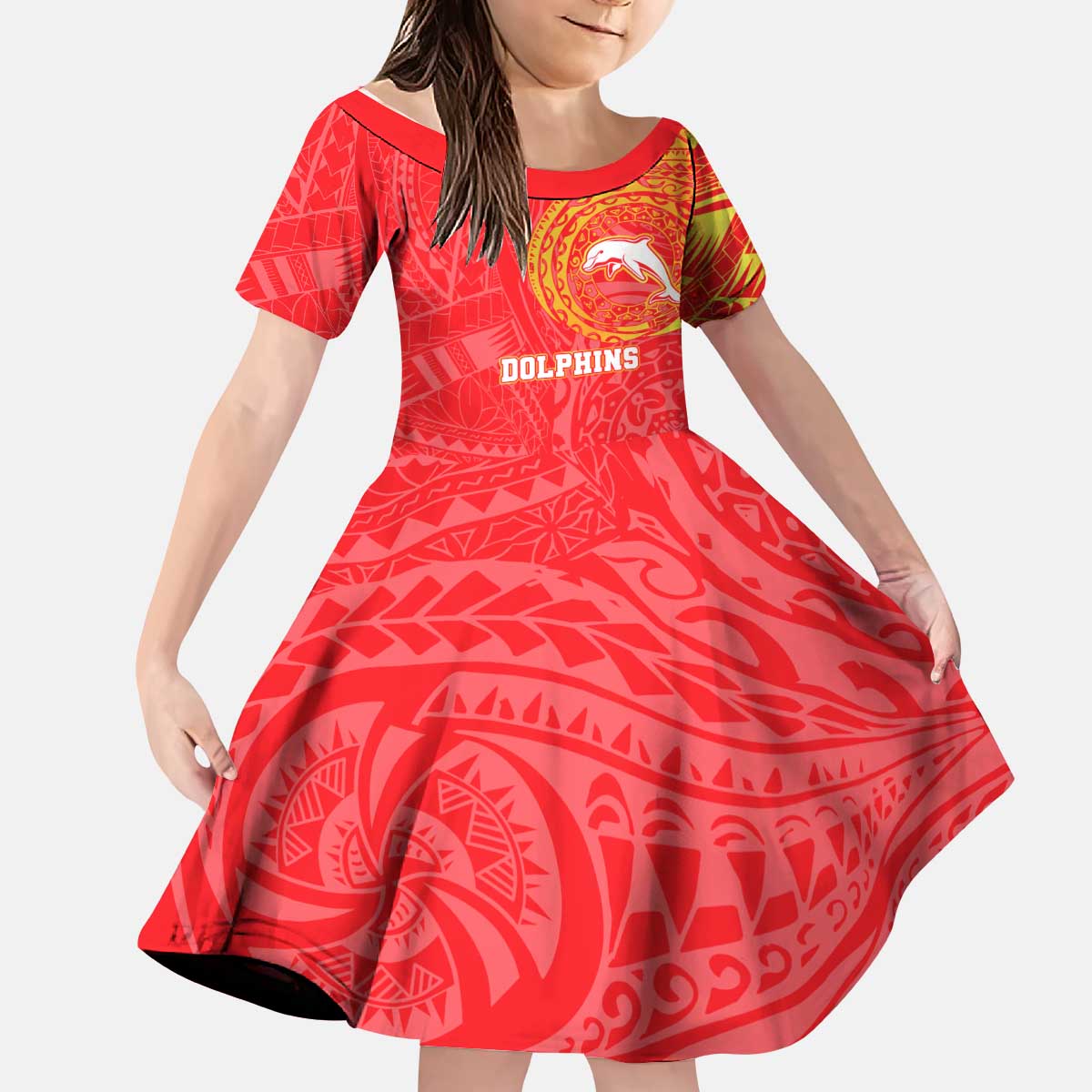 Personalized Dolphins Kid Short Sleeve Dress Polynesian Tribal Chest and Sleeve Tattoo
