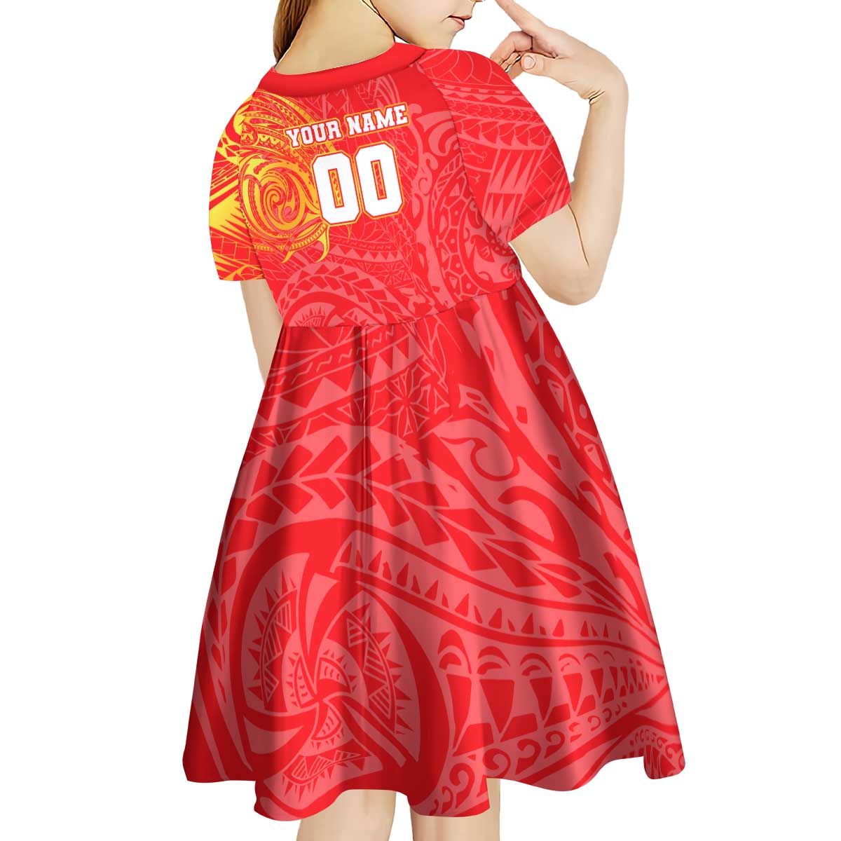 Personalized Dolphins Kid Short Sleeve Dress Polynesian Tribal Chest and Sleeve Tattoo