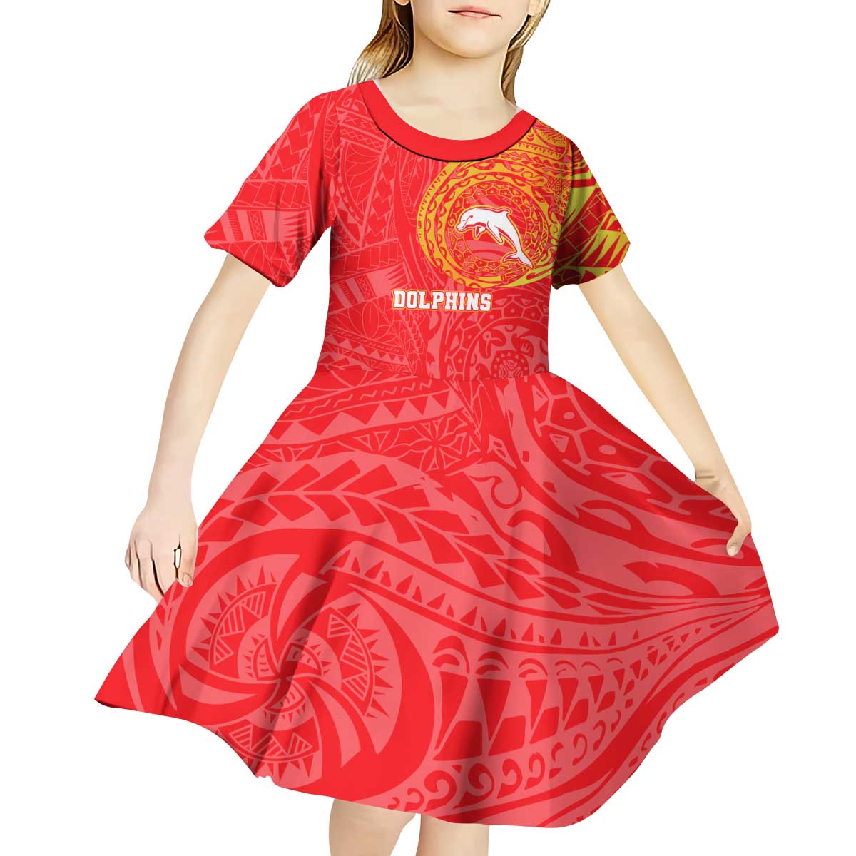 Personalized Dolphins Kid Short Sleeve Dress Polynesian Tribal Chest and Sleeve Tattoo