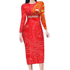 Personalized Dolphins Long Sleeve Bodycon Dress Polynesian Tribal Chest and Sleeve Tattoo