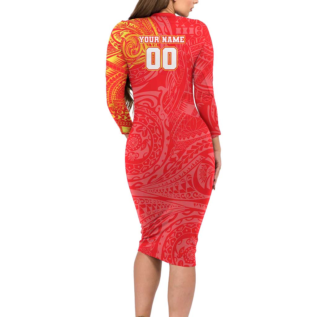 Personalized Dolphins Long Sleeve Bodycon Dress Polynesian Tribal Chest and Sleeve Tattoo