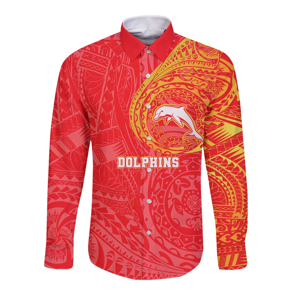 Personalized Dolphins Long Sleeve Button Shirt Polynesian Tribal Chest and Sleeve Tattoo