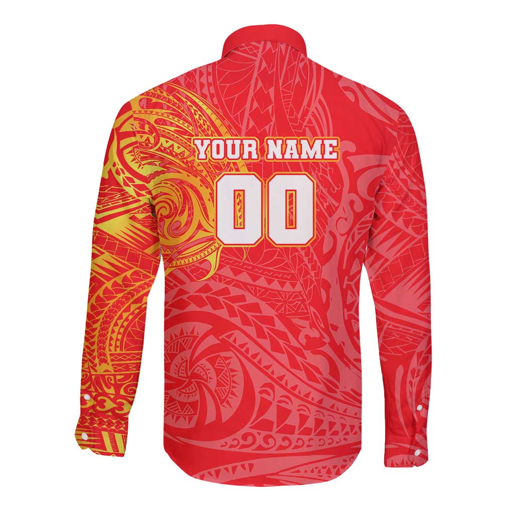 Personalized Dolphins Long Sleeve Button Shirt Polynesian Tribal Chest and Sleeve Tattoo