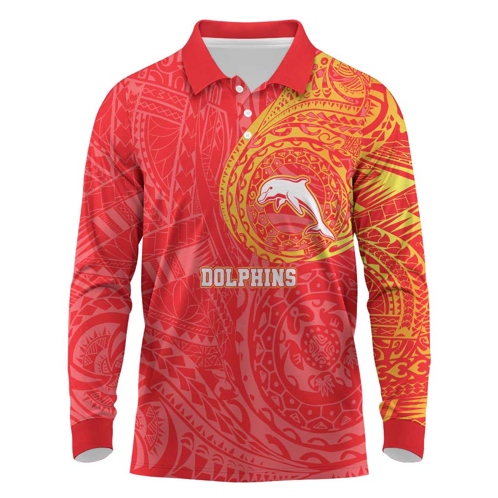 Personalized Dolphins Long Sleeve Polo Shirt Polynesian Tribal Chest and Sleeve Tattoo