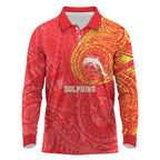 Personalized Dolphins Long Sleeve Polo Shirt Polynesian Tribal Chest and Sleeve Tattoo