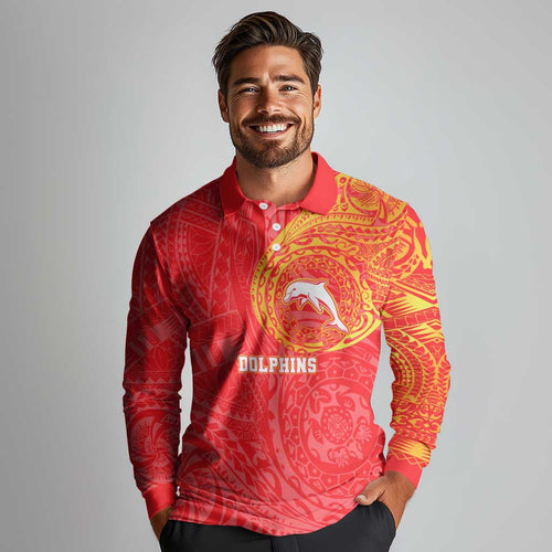Personalized Dolphins Long Sleeve Polo Shirt Polynesian Tribal Chest and Sleeve Tattoo