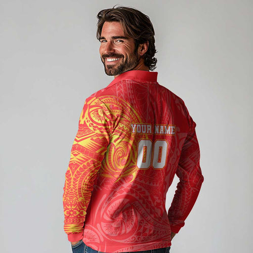 Personalized Dolphins Long Sleeve Polo Shirt Polynesian Tribal Chest and Sleeve Tattoo