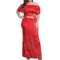 Personalized Dolphins Off Shoulder Maxi Dress Polynesian Tribal Chest and Sleeve Tattoo