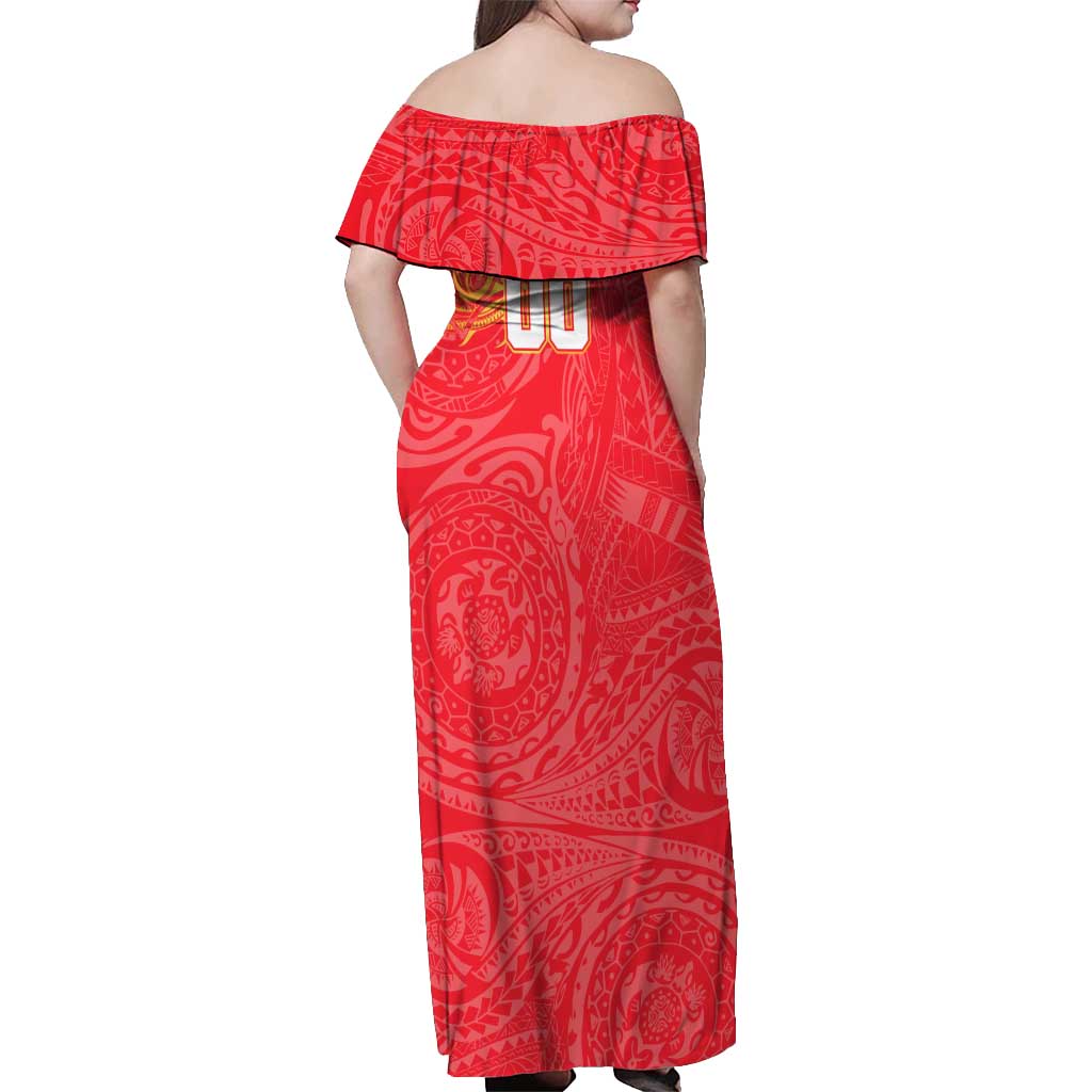 Personalized Dolphins Off Shoulder Maxi Dress Polynesian Tribal Chest and Sleeve Tattoo