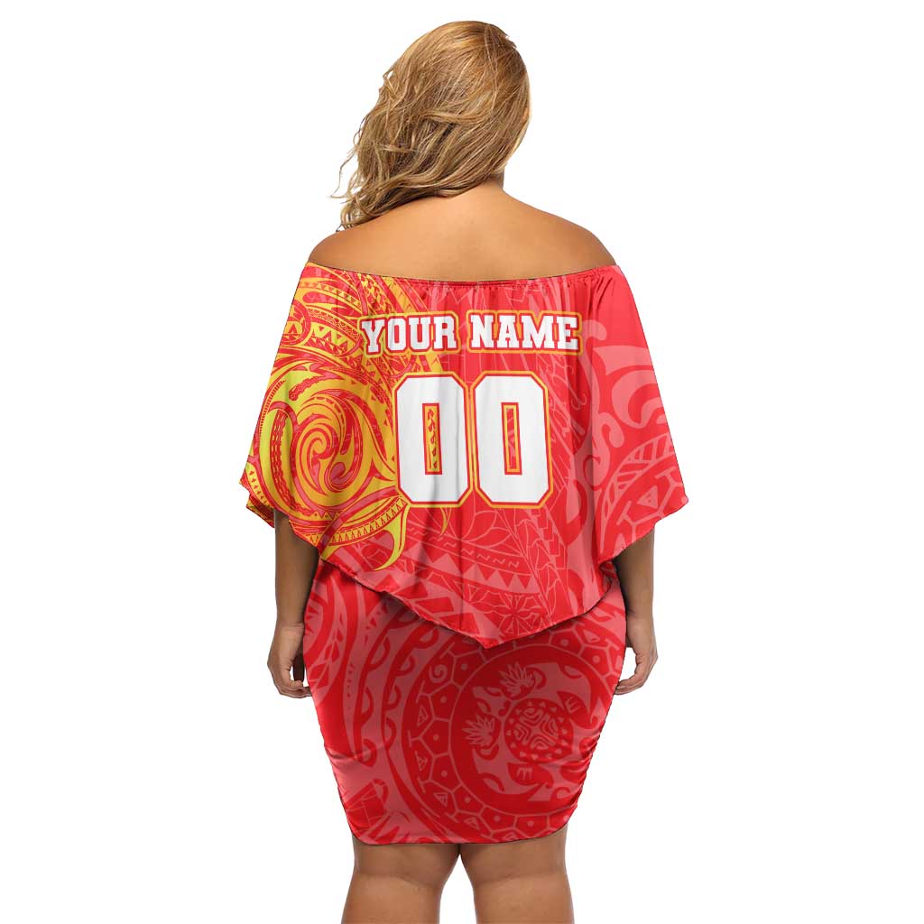 Personalized Dolphins Off Shoulder Short Dress Polynesian Tribal Chest and Sleeve Tattoo