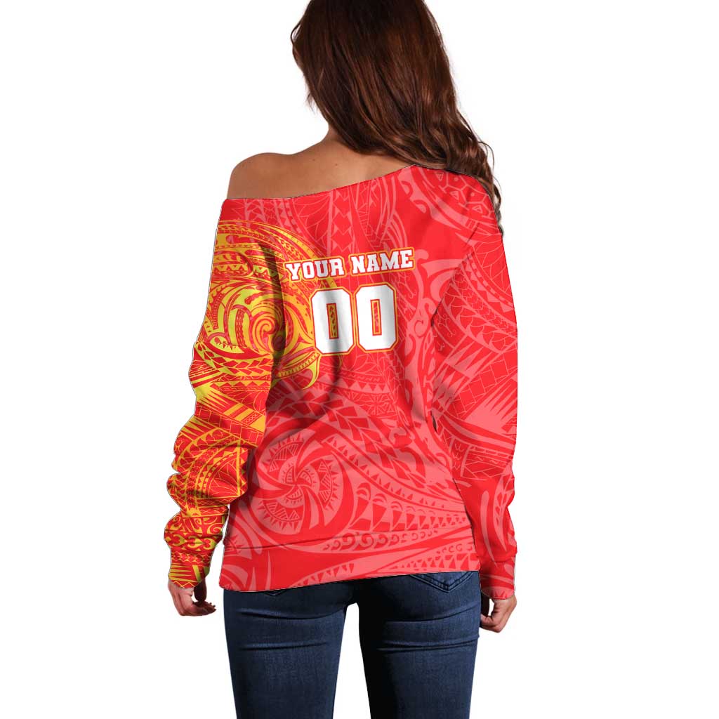 Personalized Dolphins Off Shoulder Sweater Polynesian Tribal Chest and Sleeve Tattoo