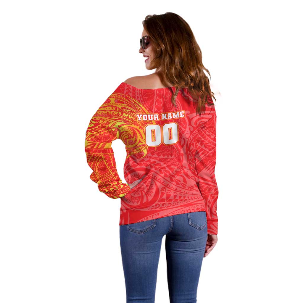 Personalized Dolphins Off Shoulder Sweater Polynesian Tribal Chest and Sleeve Tattoo