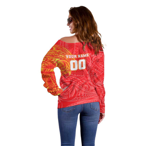 Personalized Dolphins Off Shoulder Sweater Polynesian Tribal Chest and Sleeve Tattoo