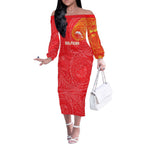 Personalized Dolphins Off The Shoulder Long Sleeve Dress Polynesian Tribal Chest and Sleeve Tattoo