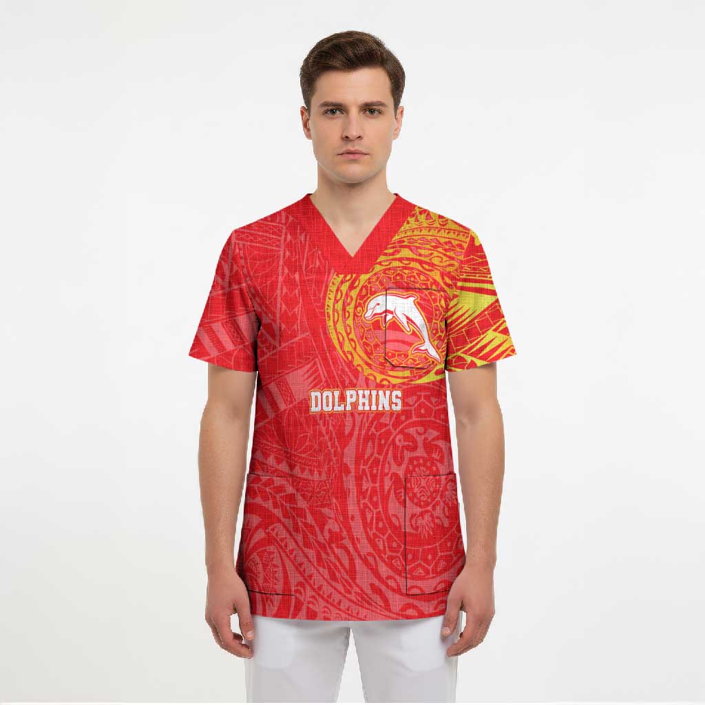 Personalized Dolphins Scrub Top Polynesian Tribal Chest and Sleeve Tattoo