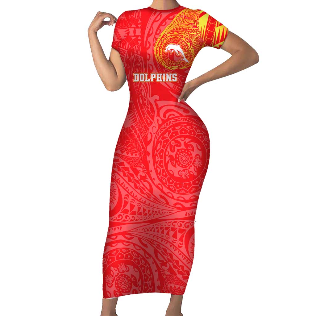 Personalized Dolphins Short Sleeve Bodycon Dress Polynesian Tribal Chest and Sleeve Tattoo