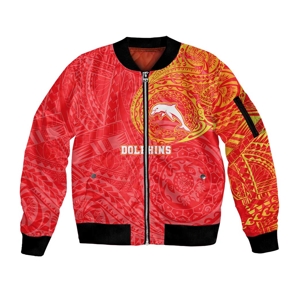 Personalized Dolphins Sleeve Zip Bomber Jacket Polynesian Tribal Chest and Sleeve Tattoo