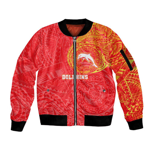 Personalized Dolphins Sleeve Zip Bomber Jacket Polynesian Tribal Chest and Sleeve Tattoo