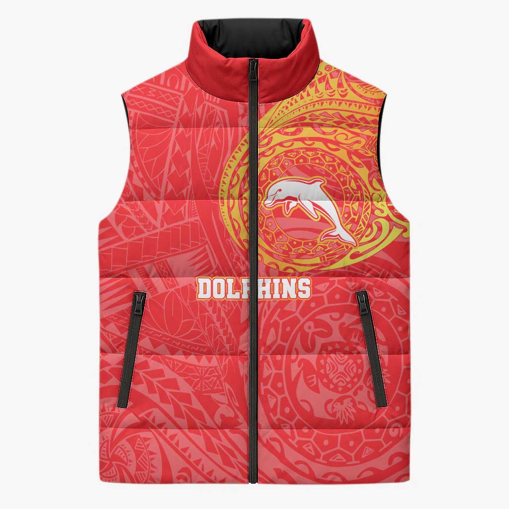 Personalized Dolphins Sleeveless Puffer Jacket Polynesian Tribal Chest and Sleeve Tattoo