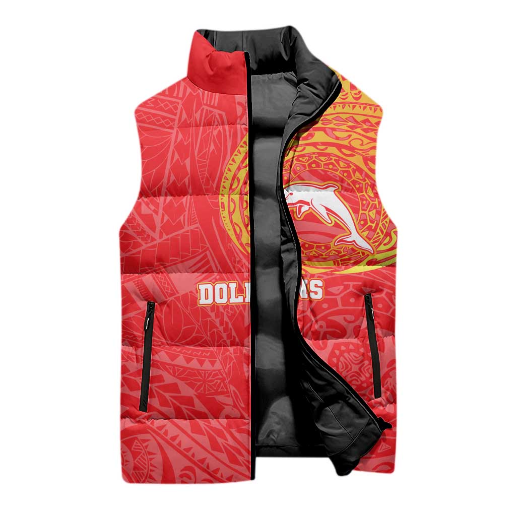 Personalized Dolphins Sleeveless Puffer Jacket Polynesian Tribal Chest and Sleeve Tattoo