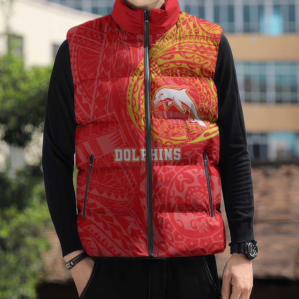Personalized Dolphins Sleeveless Puffer Jacket Polynesian Tribal Chest and Sleeve Tattoo