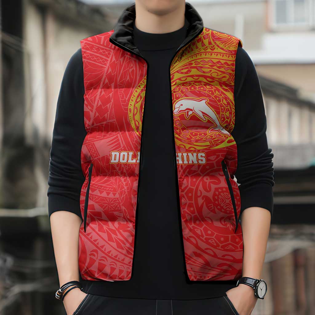 Personalized Dolphins Sleeveless Puffer Jacket Polynesian Tribal Chest and Sleeve Tattoo