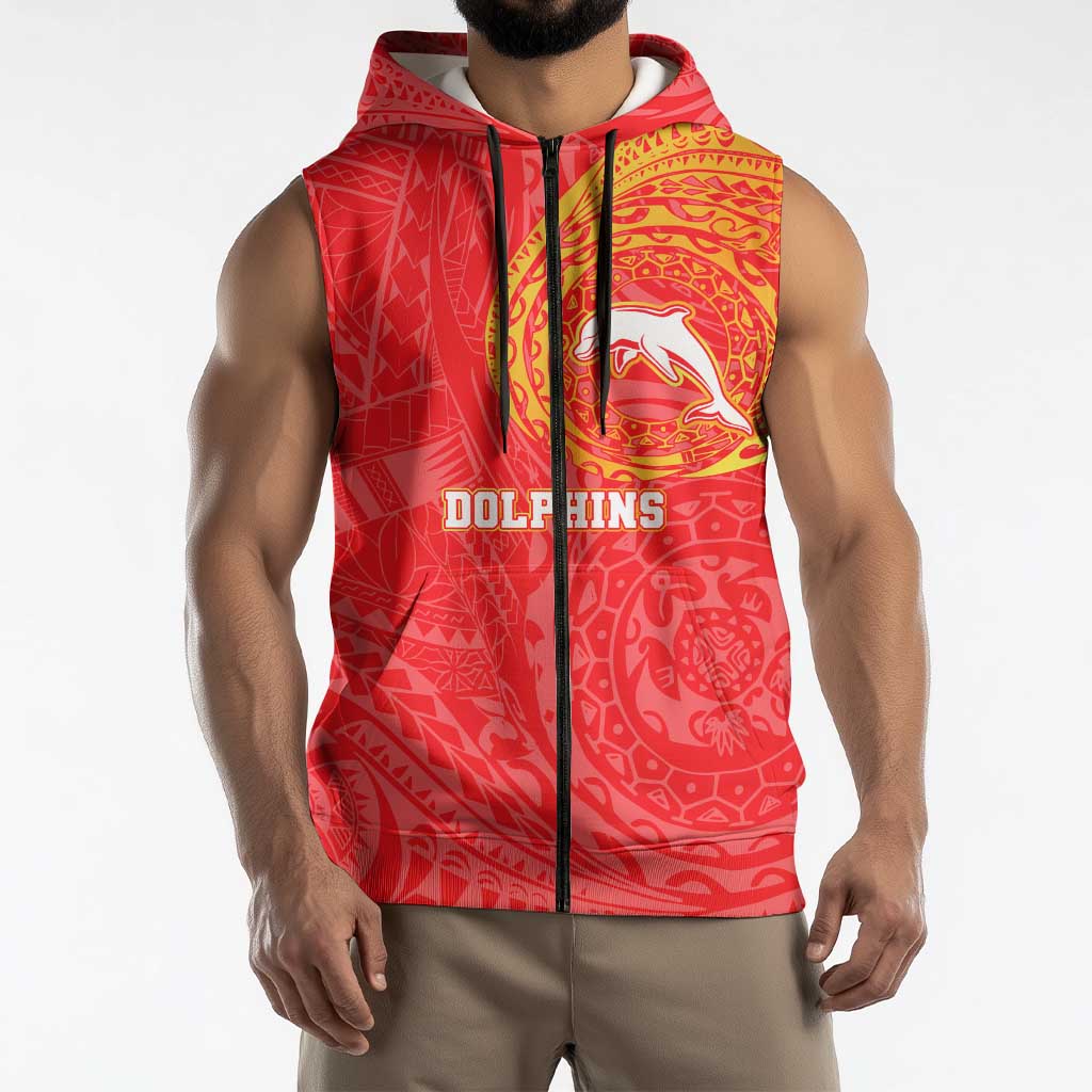 Personalized Dolphins Sleeveless Zip Hoodie Polynesian Tribal Chest and Sleeve Tattoo