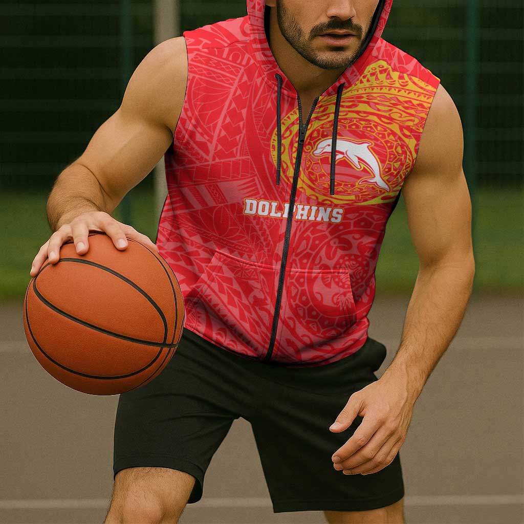 Personalized Dolphins Sleeveless Zip Hoodie Polynesian Tribal Chest and Sleeve Tattoo